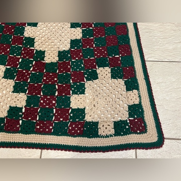 VTG Handmade Afghan Couch Throw Blanket Maroon Green Tan 60” x 65” Crochet - Picture 4 of 8